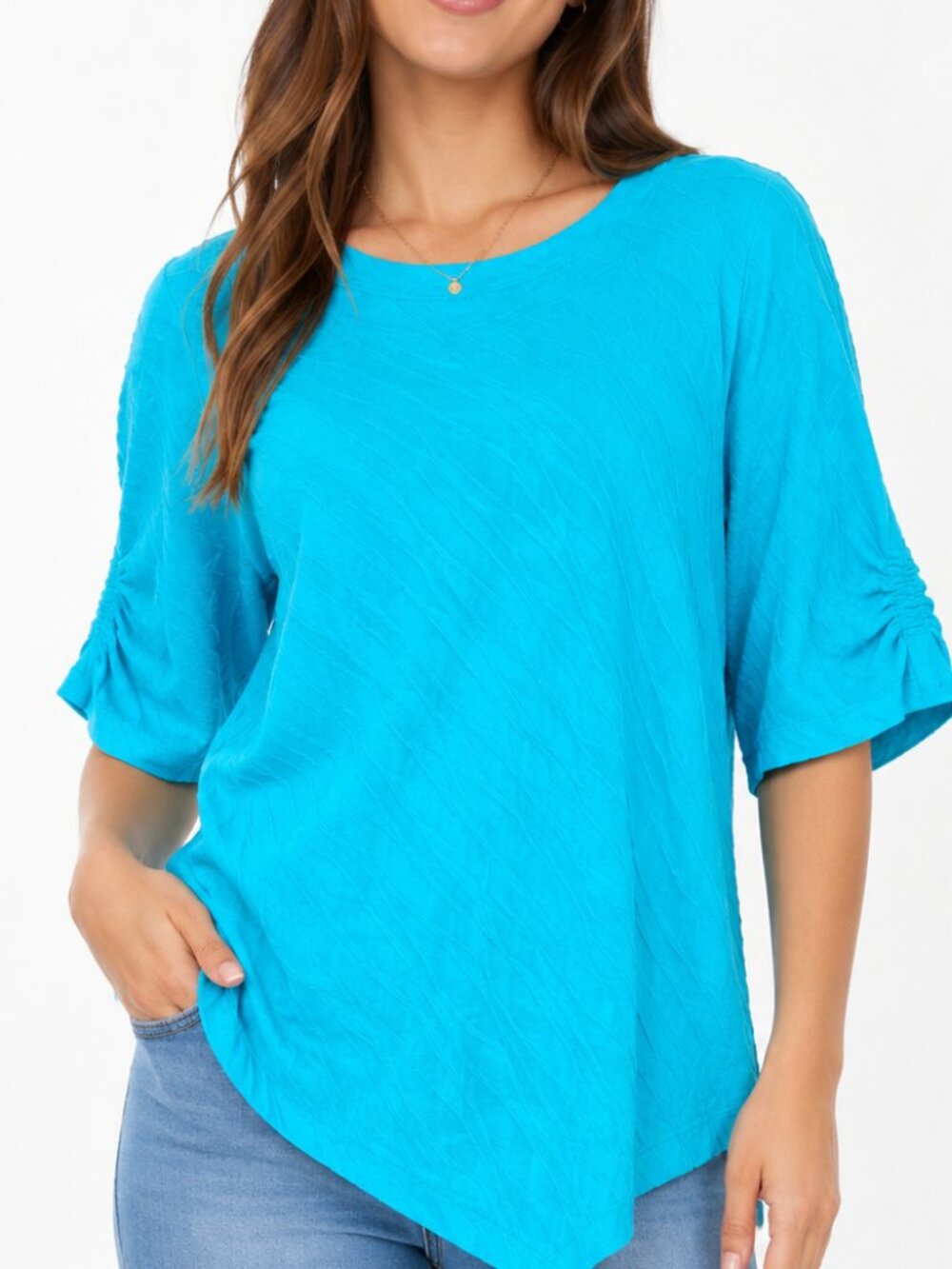 Habitat Textured Turquoise Tunic Top XL | Ruched 3/4 Sleeves Uneven Hem